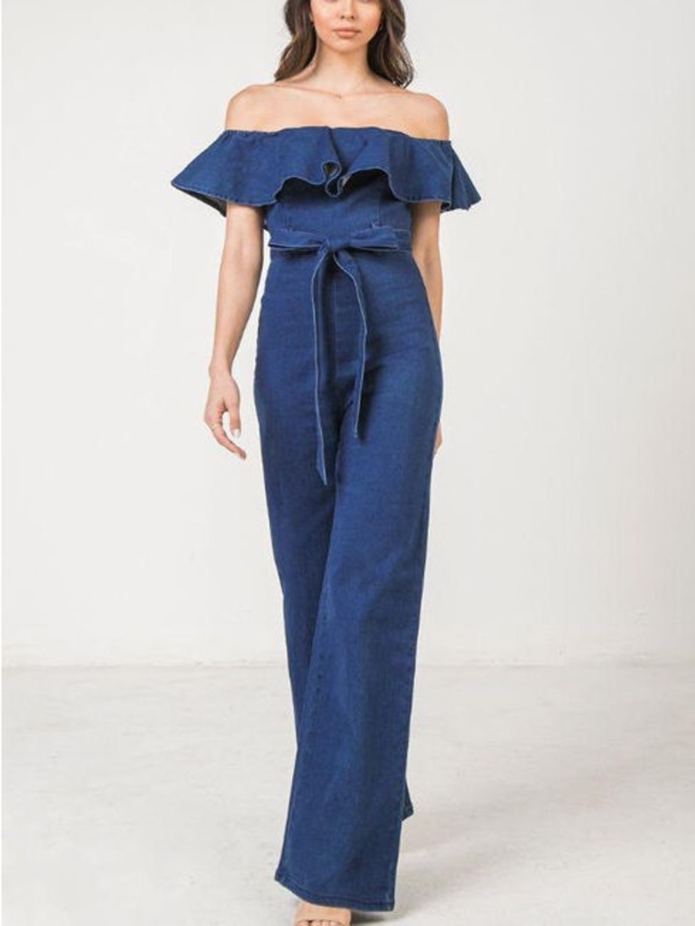 Flying Tomato Off-Shoulder Navy Blue Ruffle Jumpsuit